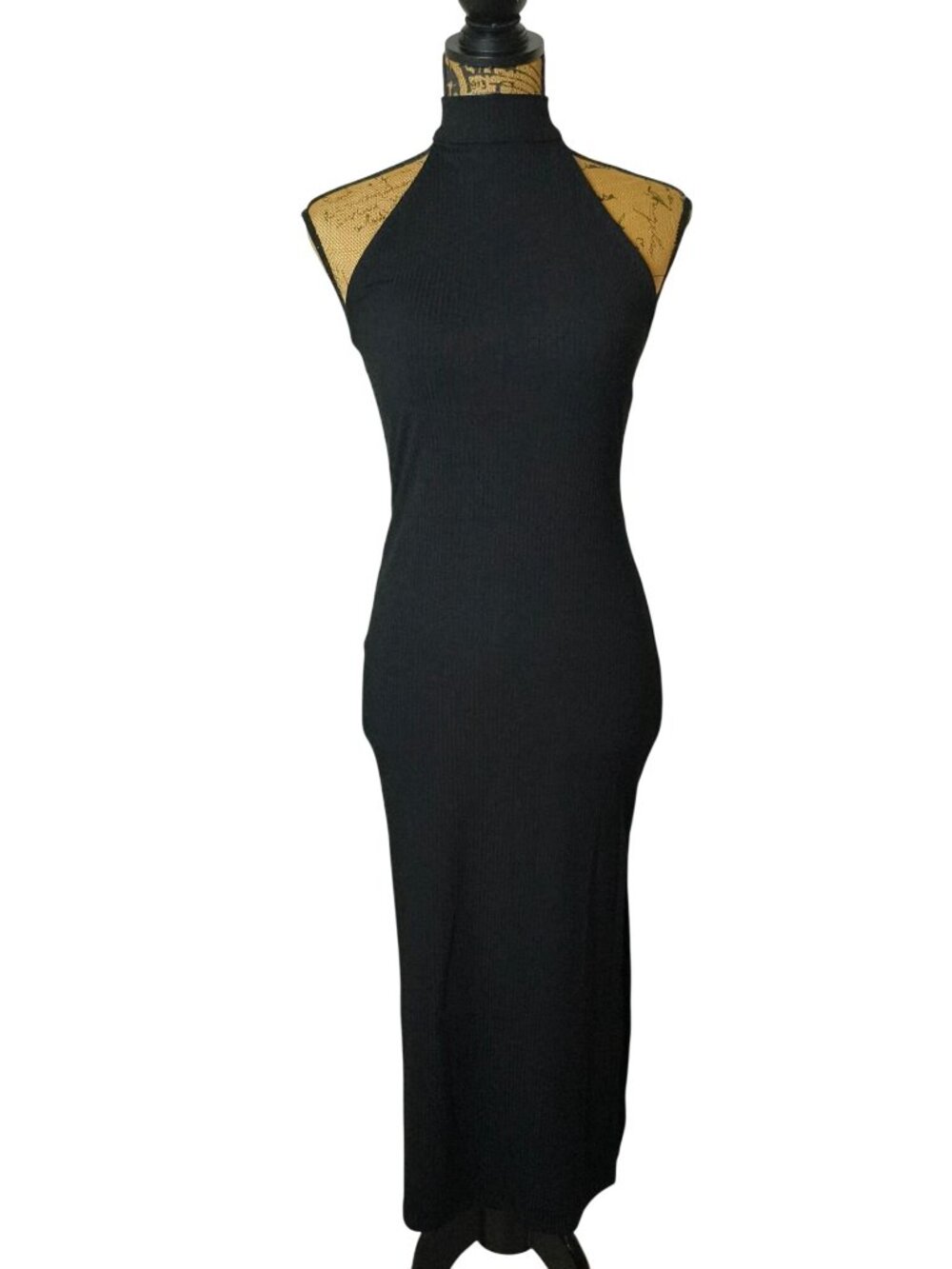 Haute Monde M Sleeveless Mock Maxi Dress Black Ribbed Side Slit Bodycon Stretch